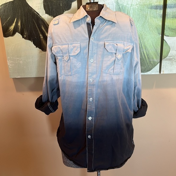 Men’s Modern Culture cotton button up shirt ombré blue& grey denim chambray - Picture 1 of 11